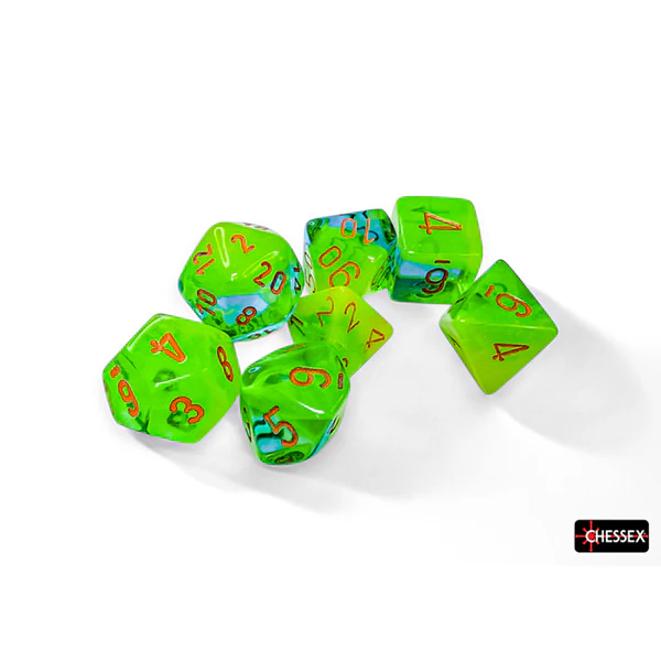Chessex 26470 Poly 7 Gemini: Plasma Green and Teal with Orange