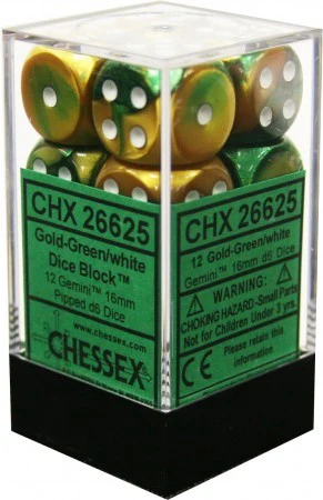 Chessex 26625 Gemini: 16mm d6 Block Gold with Green and White