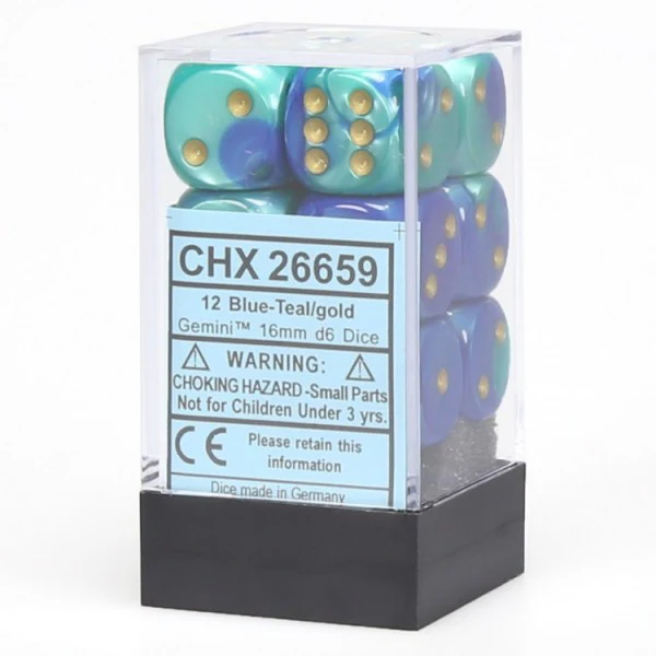 Chessex 26659 Gemini: 16mm D6 Block Blue and Teal with Gold