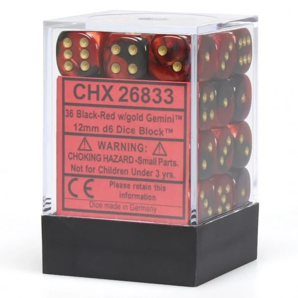 Chessex 26833 Gemini: 12mm D6 Block Black and Red with Gold and Black