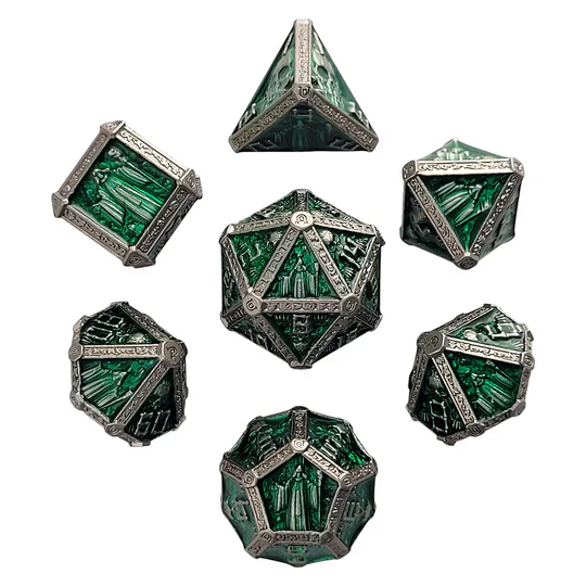 Forged Gaming Cryptic Reliquary Silver Green Metal Poly 7 Dice Set