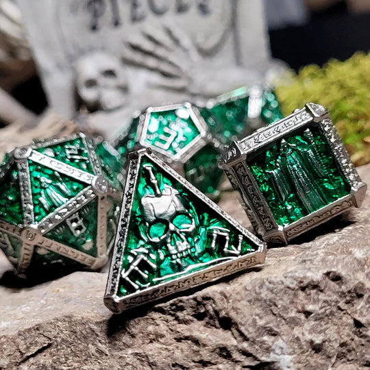 Forged Gaming Cryptic Reliquary Silver Green Metal Poly 7 Dice Set - Image 2