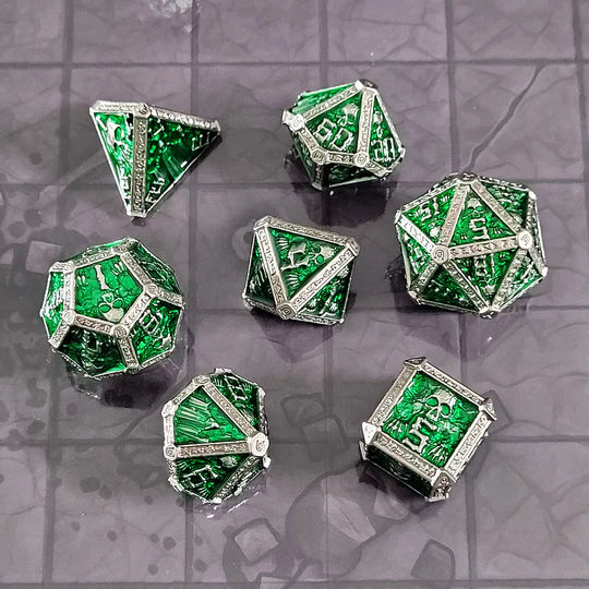 Forged Gaming Cryptic Reliquary Silver Green Metal Poly 7 Dice Set - Image 3