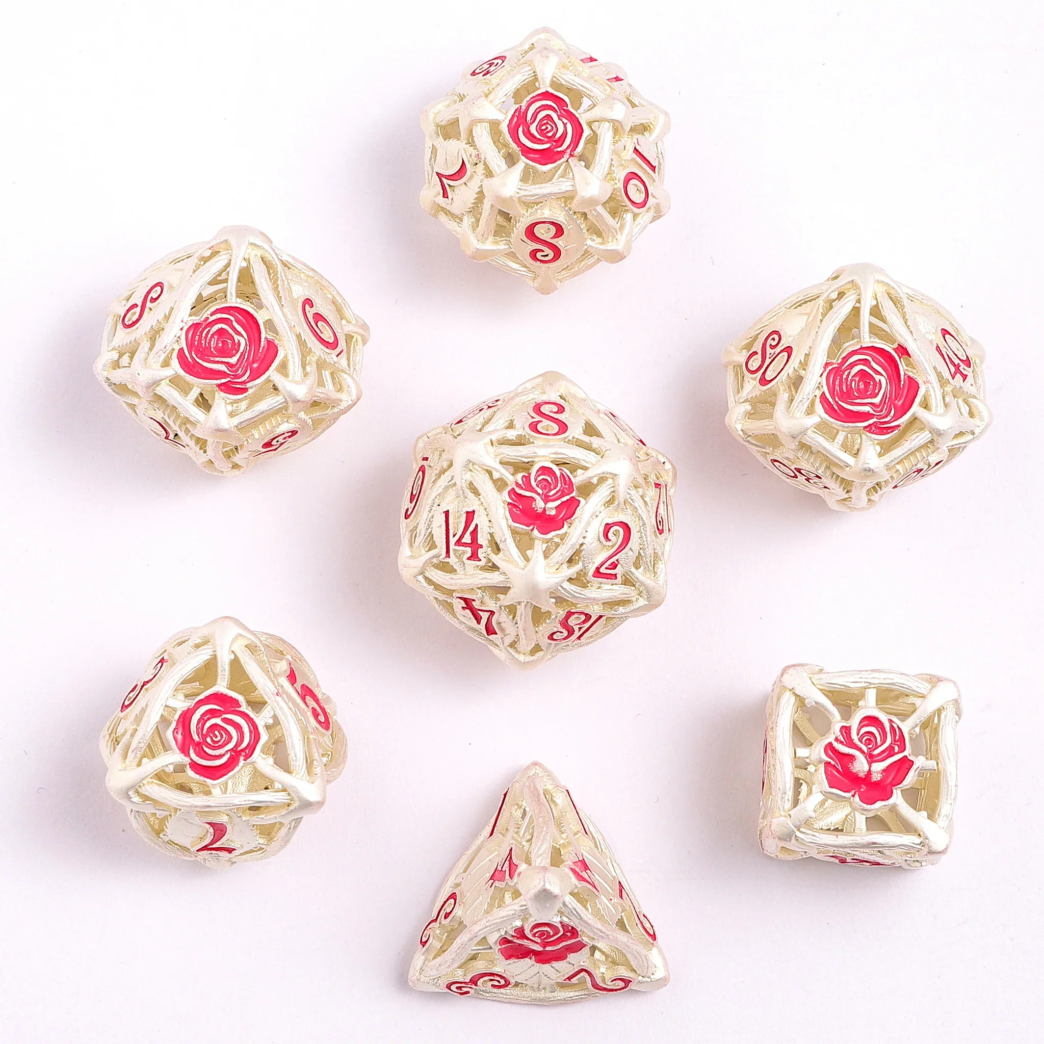 HYMGHO - Hollow Metal Rose Dice Set - Matt Silver w/Pink