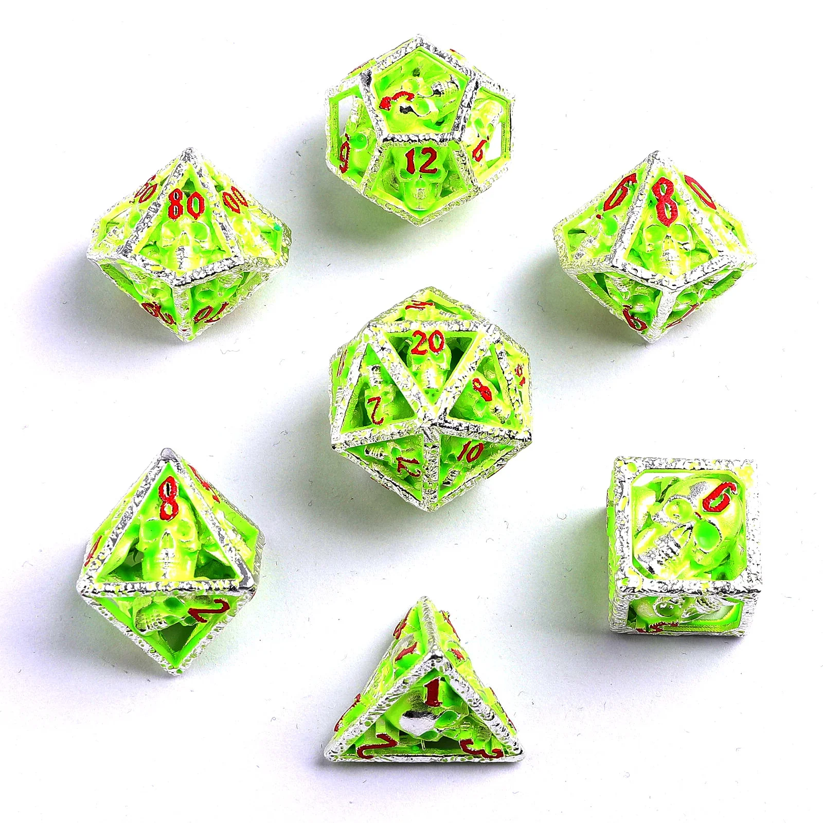 HYMGHO - Skull's Grin Hollow Metal Dice Set - Glow in the Dark - Green