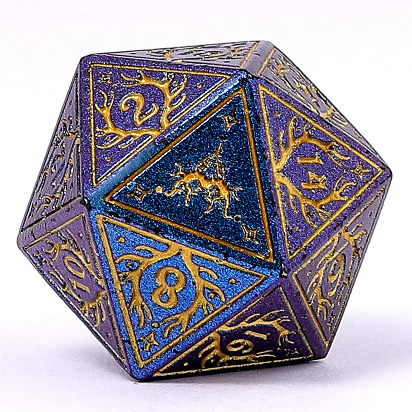 HYMGHO - Solid Metal Druid RPG Dice Set - Glitter Blue w/Gold - Image 2