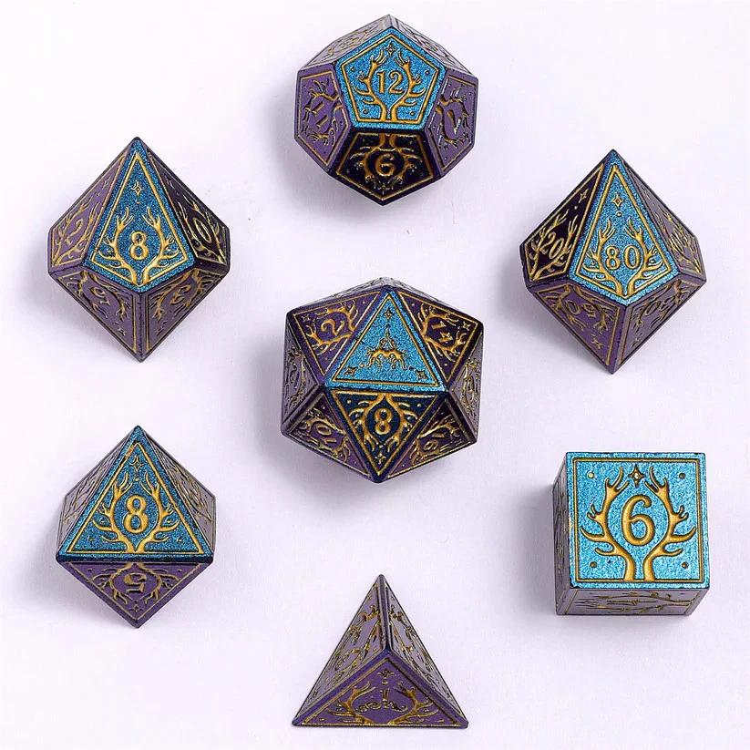 HYMGHO - Solid Metal Druid RPG Dice Set - Glitter Blue w/Gold - Image 3
