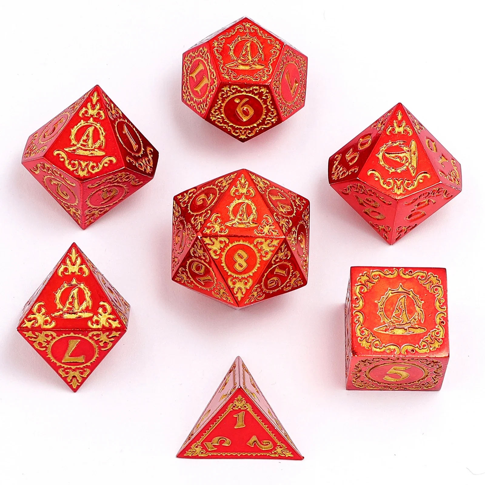 HYMGHO - Solid Metal Wizard Polyhedral Dice Set - Red with Gold