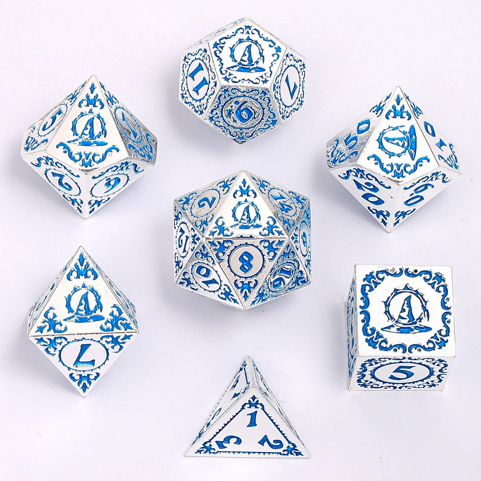 HYMGHO - Solid Metal Wizard Polyhedral Dice Set - Silver with Blue