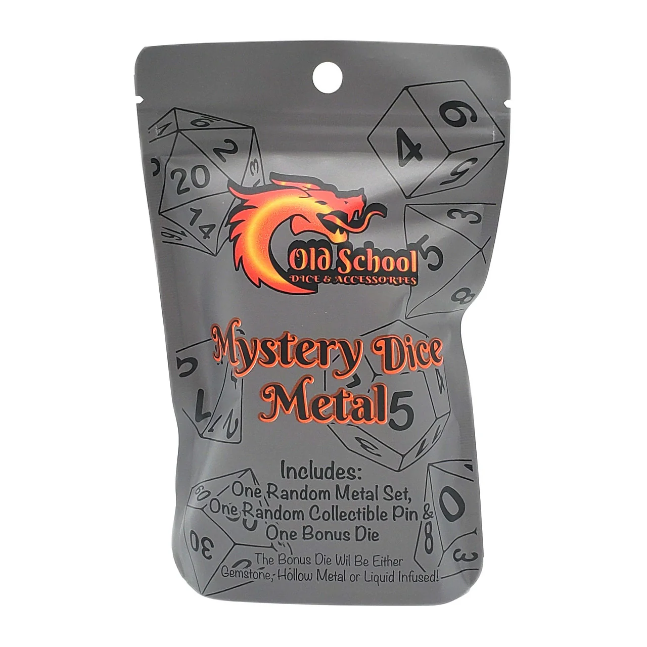 Old School Dice: Mystery Dice - Metal: 7-Piece Metal Set & Collectible Pin w/ Bonus Premium Dice
